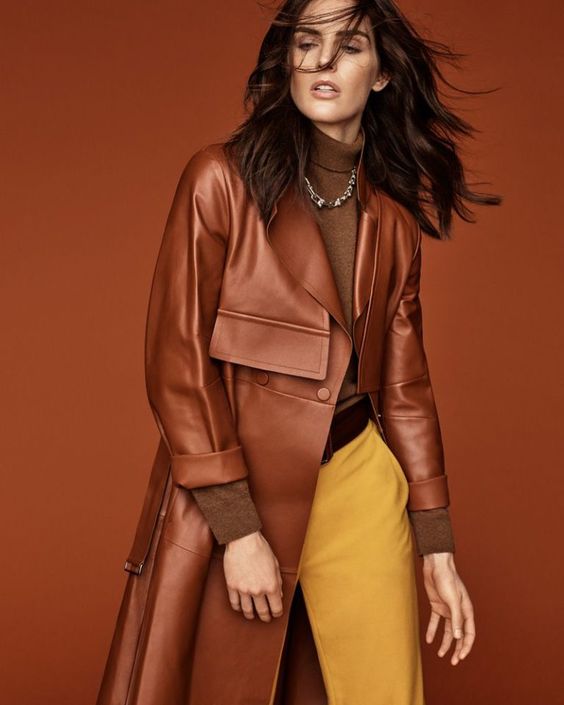 Rich Brown Leather Trench Coat and Yellow Trousers — Brown Coat Outfits