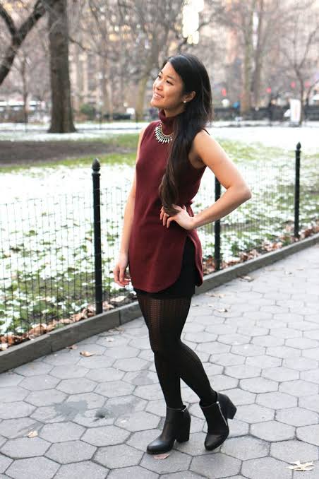 Tunic Dress Layering: Black Opaque Tights with Burgundy Dress Tunic Dress Layering: Black Opaque Tights with Burgundy Dress β Winter Outfits with Leggings