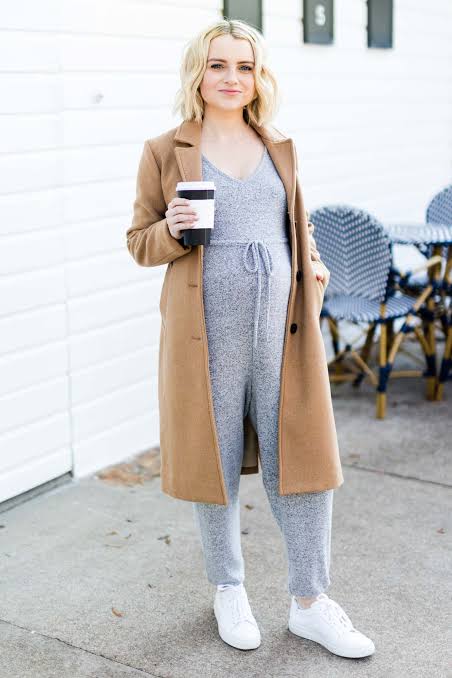 Effortless Grey Knit Jumpsuit with Camel Coat Effortless Grey Knit Jumpsuit with Camel Coat β Winter Outfits for Petite Women