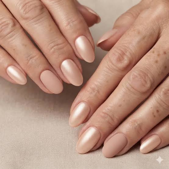 Neutral Beige And Satin Pearl Short Nails — Winter Nail Colors for Women Over 60