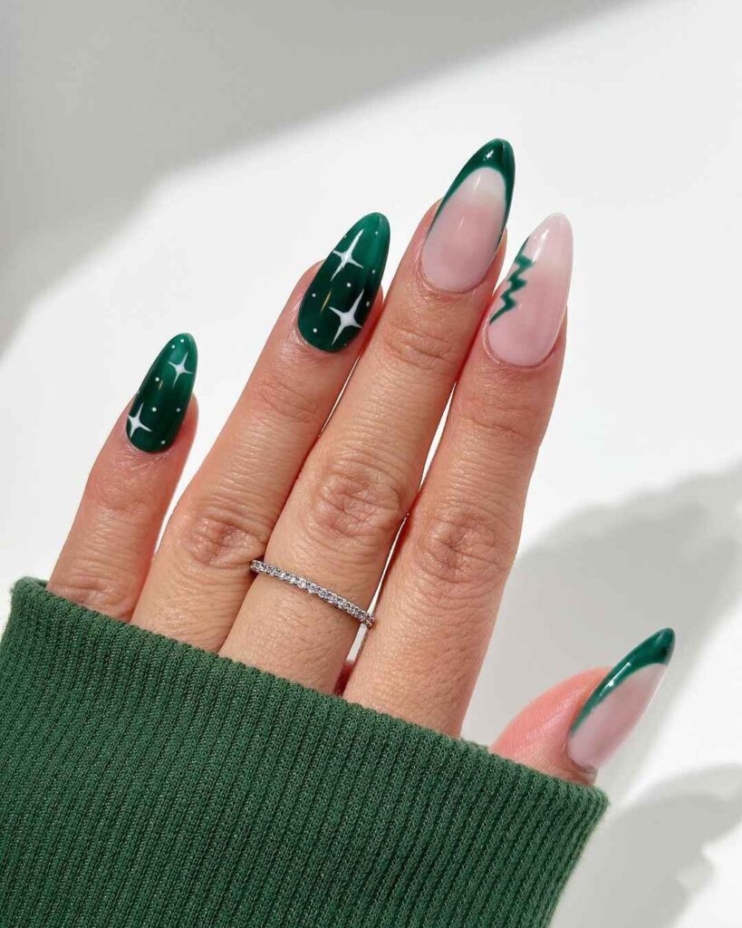 Long Almond Green French Tips with White Stars and Trees — Green Christmas Nails 2026