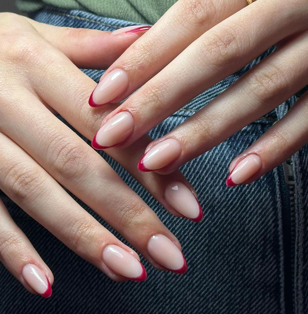 Sheer Nude with Red French Tips — Winter Red Nails