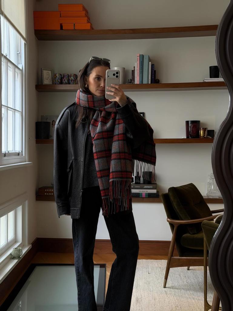 Cozy Textures and Color Pop: Leather Jacket with Scarf and Jeans Cozy Textures and Color Pop: Leather Jacket with Scarf and Jeans β Comfy Winter Outfits