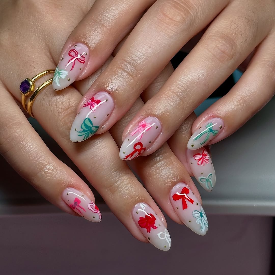 Sheer Pink with Multi-Color Bows — Winter Nails for Teens
