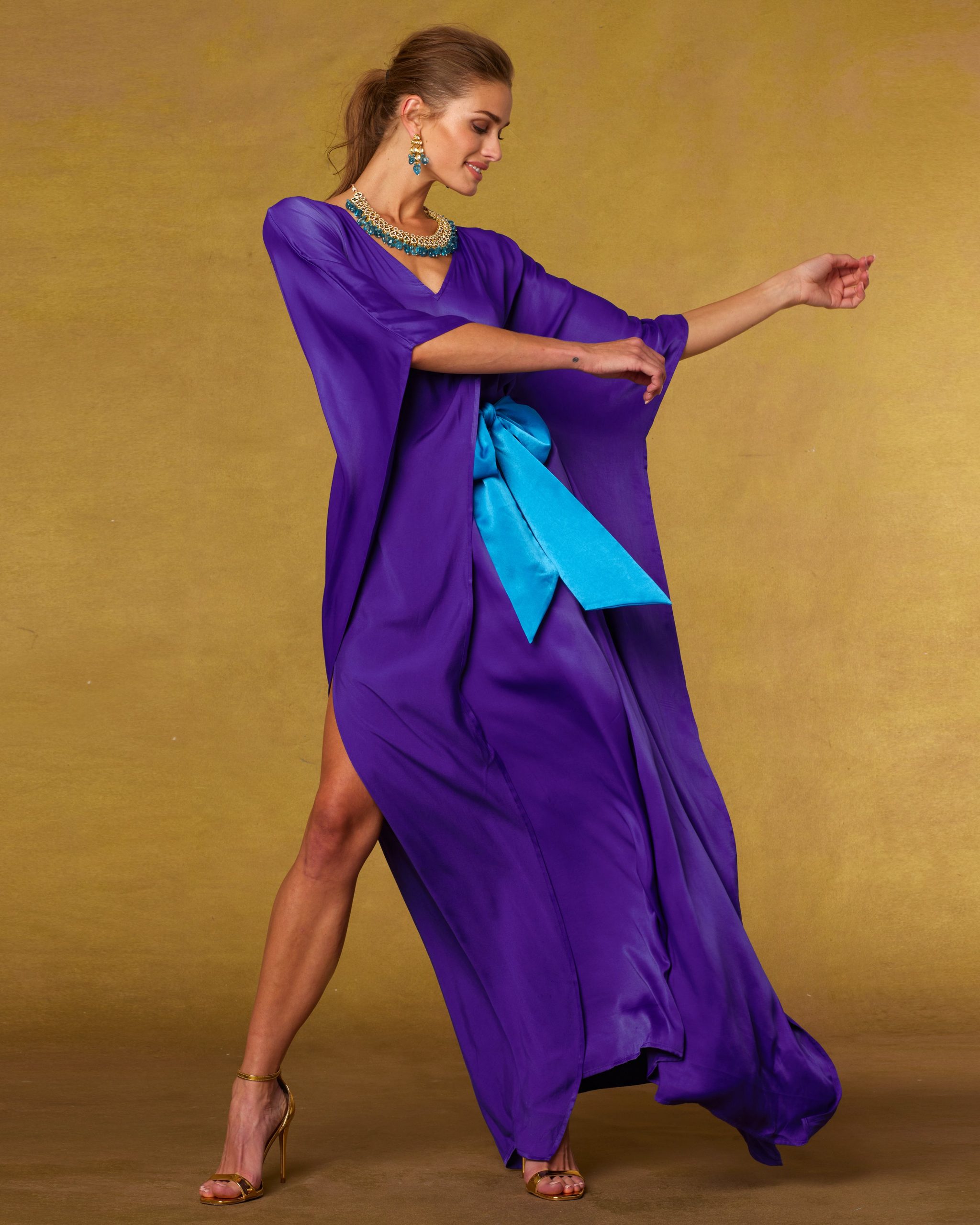 Resort-Ready Silk Kaftan with Turquoise Accents Resort-Ready Silk Kaftan with Turquoise Accents β Royal Purple Outfits