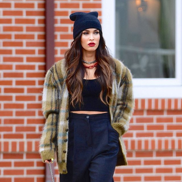 Plaid Fuzzy Cardigan with Black Crop Top and Trousers Plaid Fuzzy Cardigan with Black Crop Top and Trousers β Winter to Spring Transition Outfits