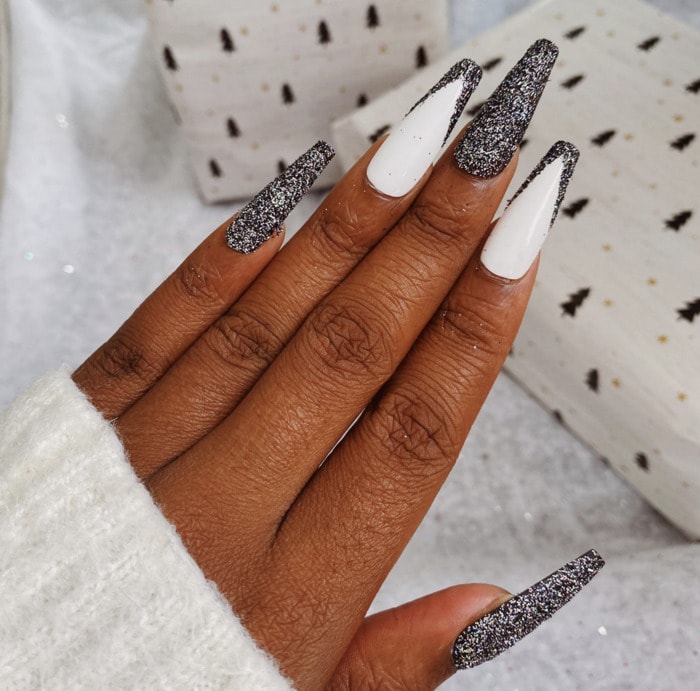 White And Black With Silver Glitter Visual Idea White And Black With Silver Glitter Visual Idea β Sparkly New Years Nails 2027