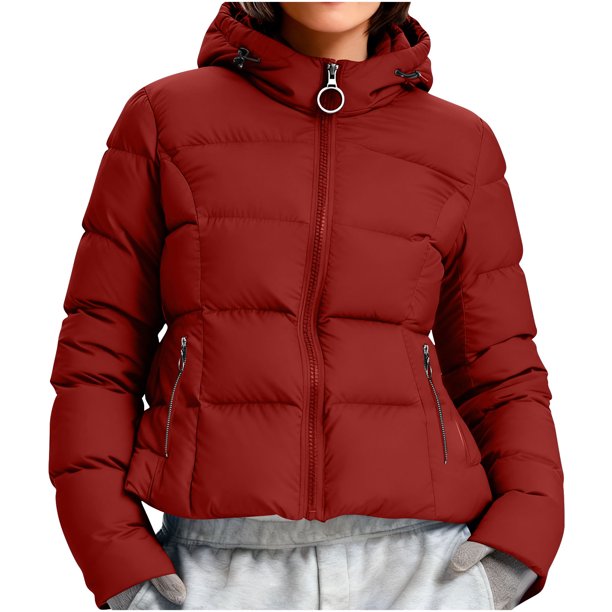 Cropped Red Hooded Puffer Jacket for a Bold Casual Look — Winter Jackets for Women