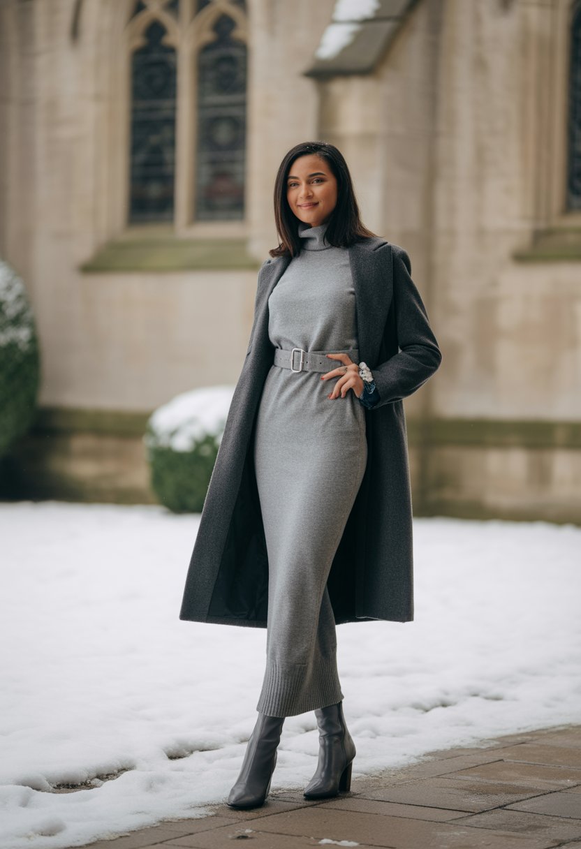 Monochromatic Grey Knit for a Chic Church Look — Winter Church Outfits