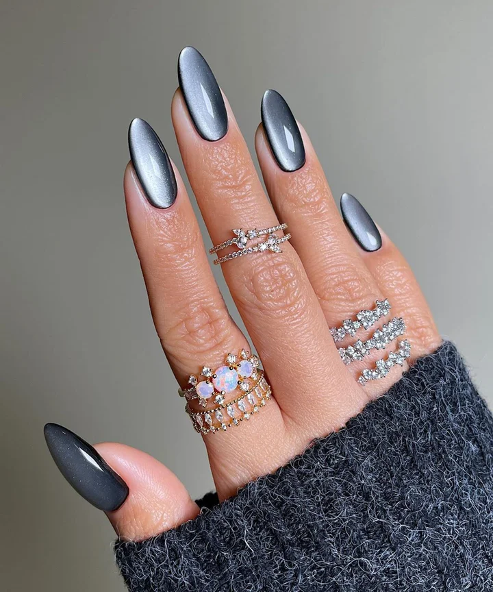 Charcoal Grey Cat-Eye Stilettos Charcoal Grey Cat-Eye Stilettos β Winter Nail Colors for Women Over 70