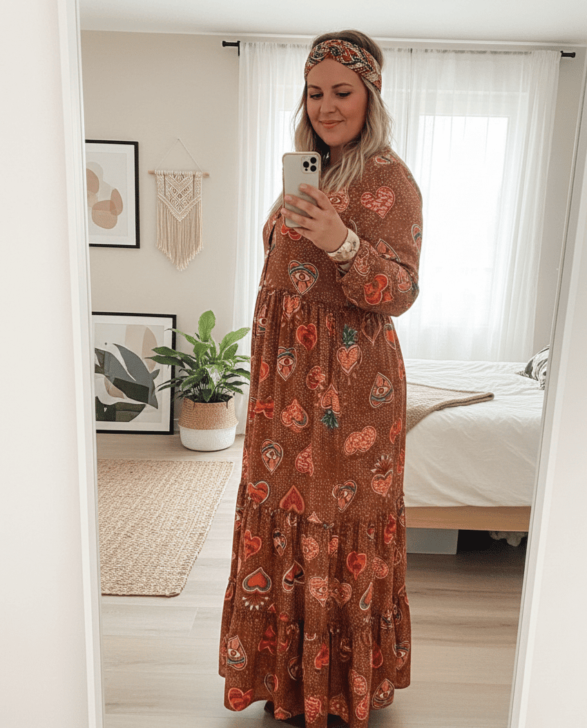 Tiered Maxi Dress with Heart and Eye Print and Headband — Boho Winter Outfits