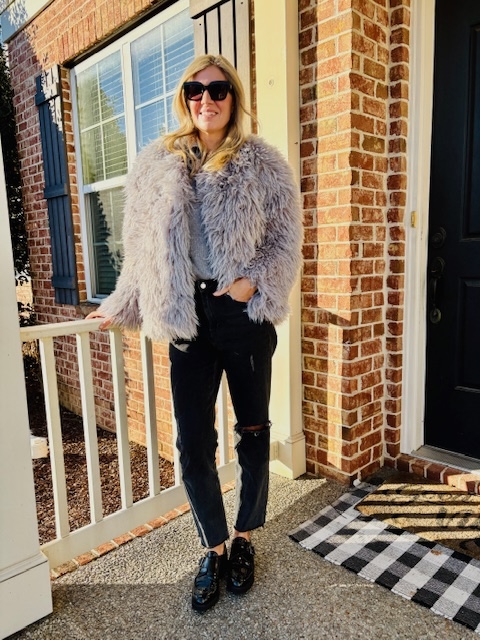 Light Grey Furry Jacket with Distressed Jeans and Loafers Light Grey Furry Jacket with Distressed Jeans and Loafers β Nashville Winter Outfits