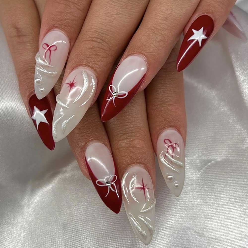 Red and White 3D Embellished Stilettos Red and White 3D Embellished Stilettos β New Years Almond Nails 2027