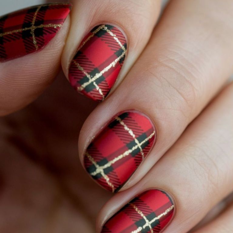 Matte Red & Black Plaid Short Oval Nails — Cozy Winter Nails