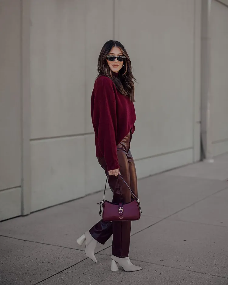 Monochromatic Burgundy: Sweater and Leather Pants — Winter Birthday Outfits