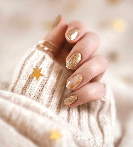 Gold Glitter & Nude with Gold Leaf Gold Glitter & Nude with Gold Leaf β Christmas Nail Colors 2026