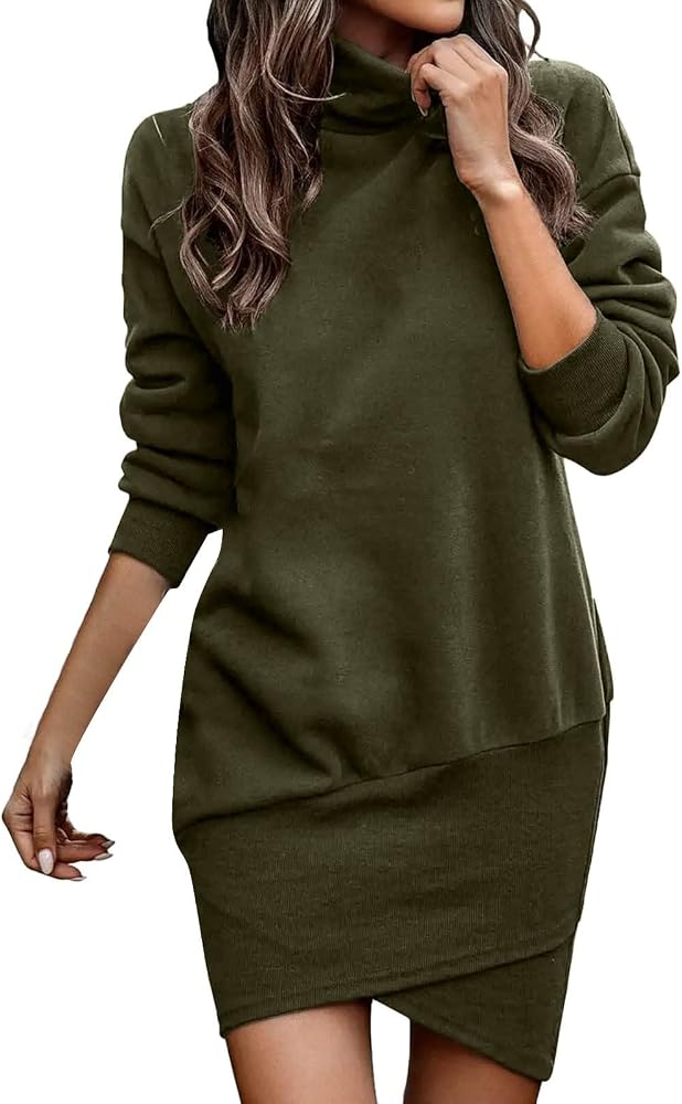Olive Green Turtleneck Dress with Asymmetrical Skirt — Sweater Dress Outfits