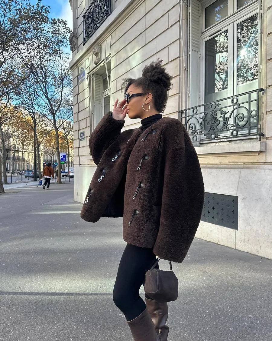 Brown Faux Fur Jacket Over Black Turtleneck and Leggings — December Outfits