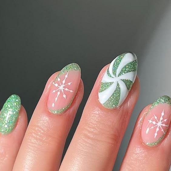 Peppermint Swirl Glitter French Oval Nails Peppermint Swirl Glitter French Oval Nails β Christmas Nails 2026