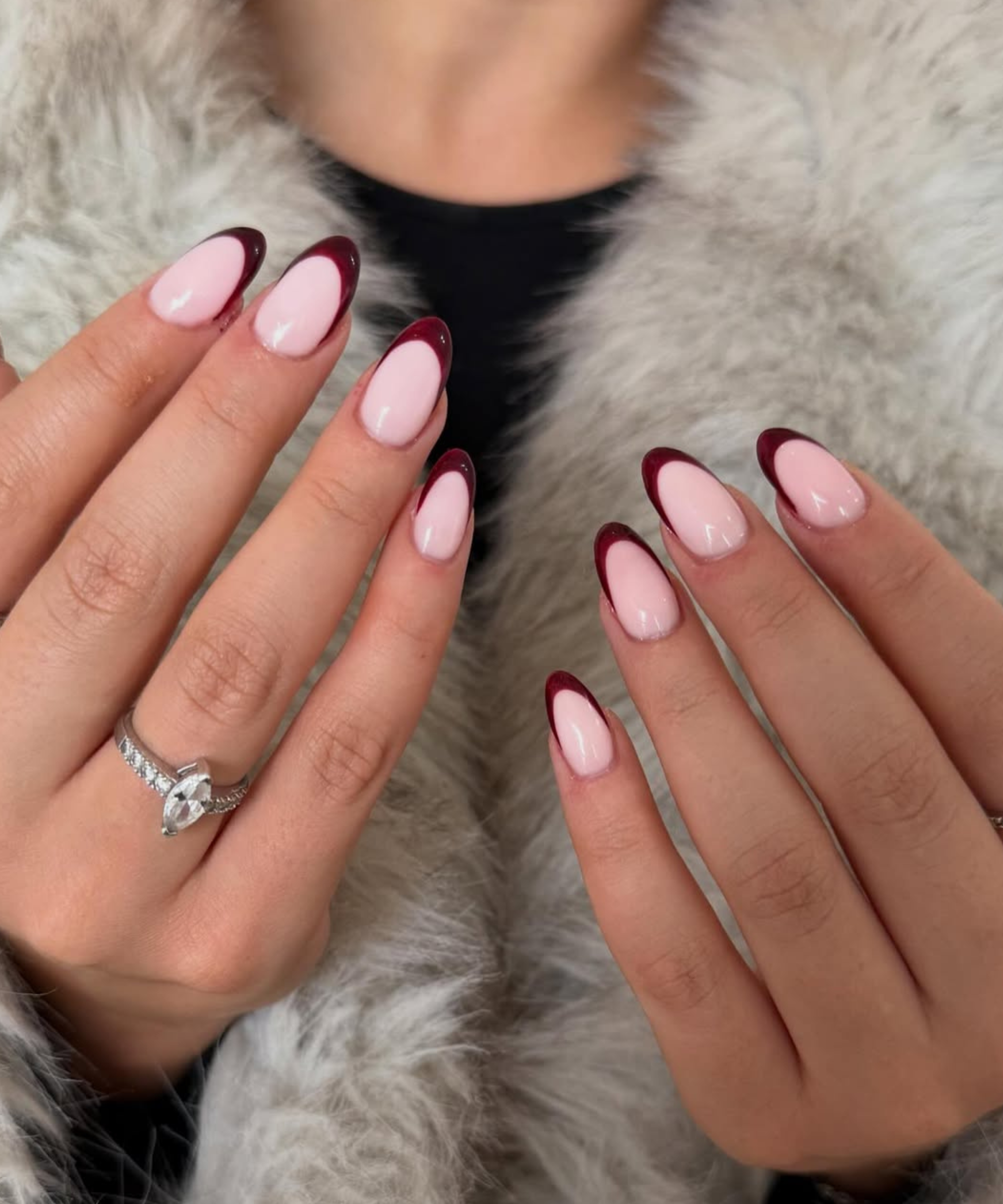 Deep Burgundy French Tip Almond Nails Deep Burgundy French Tip Almond Nails β Winter French Tip Nails