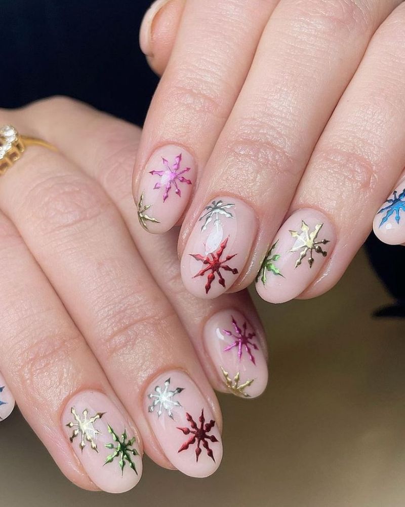 Colorful Snowflake Decal Short Nails — Winter Nail Art