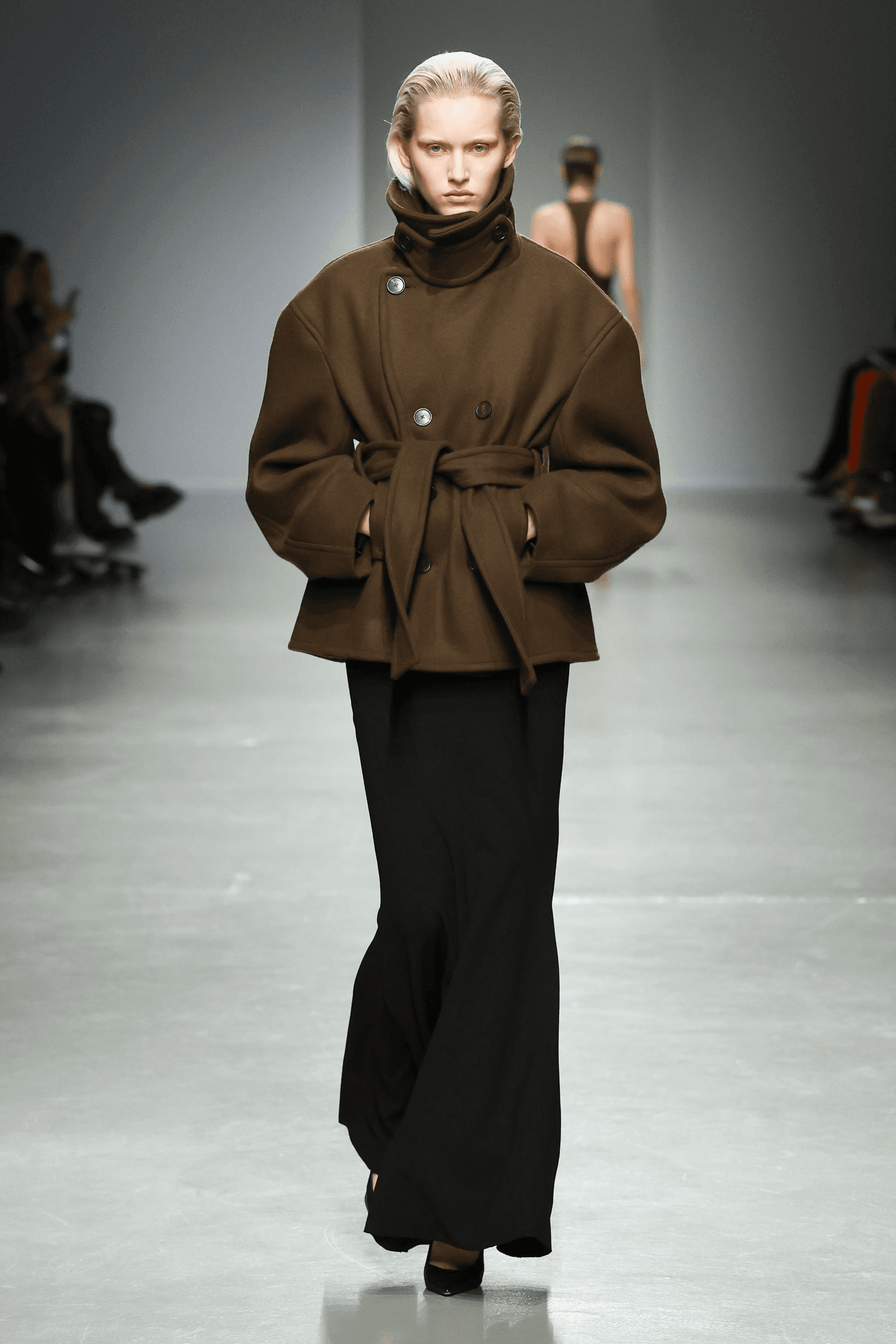 Brown Double-Breasted Coat with Voluminous Skirt — Brown Coat Outfits