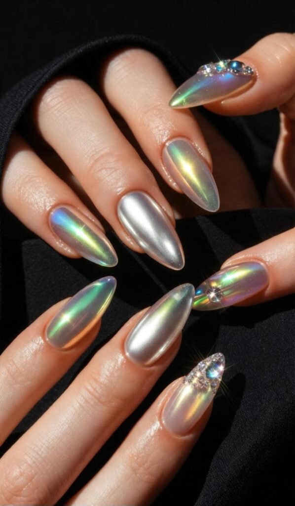 Iridescent Chrome and Rhinestone Almonds Iridescent Chrome and Rhinestone Almonds β New Years Nail Colors 2027