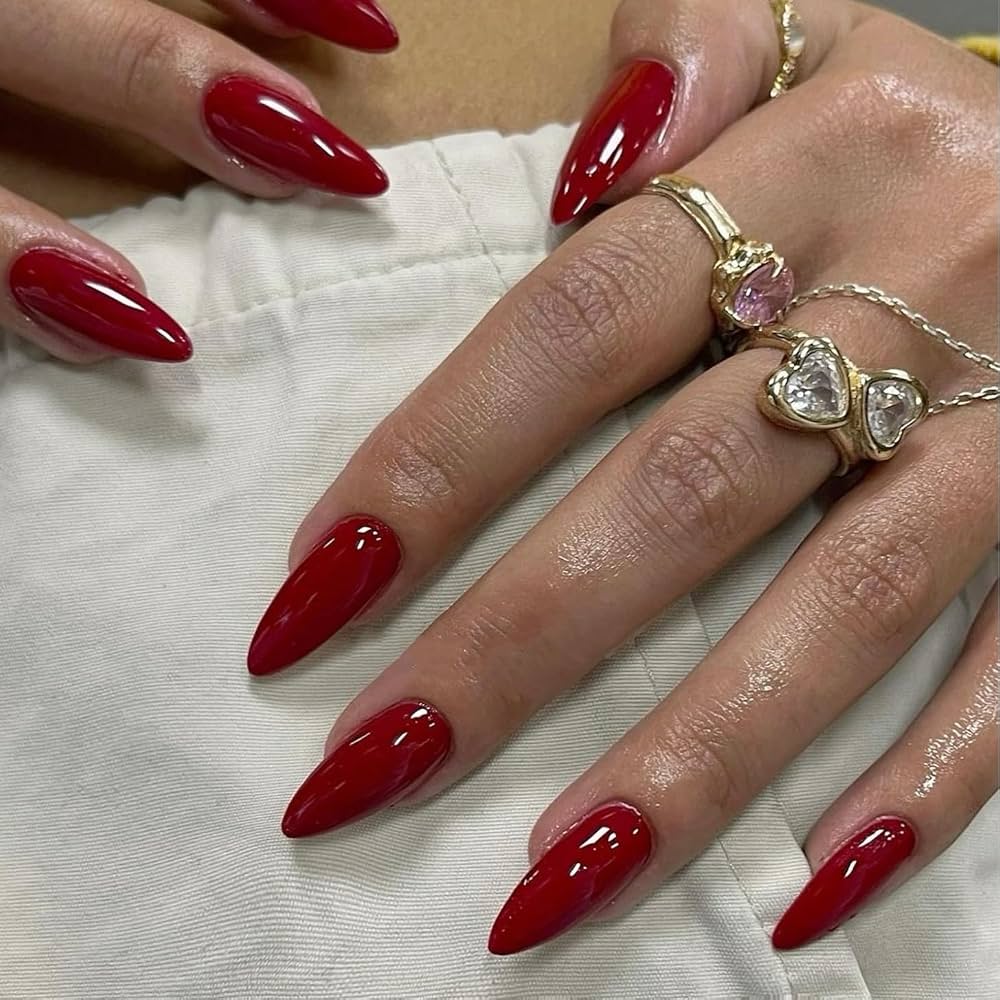 Long Almond Crisp Red French Tips — Cherry Red Nails