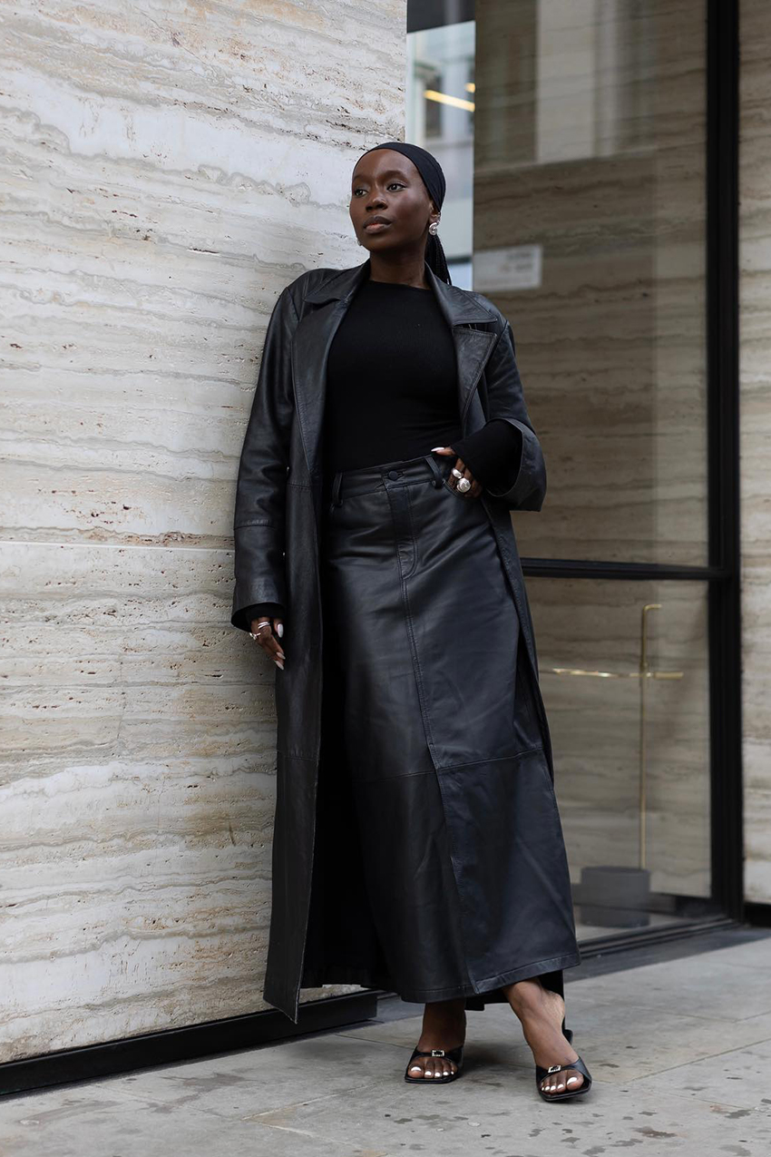 Sleek Leather Trench with Ribbed Knit and Leather Maxi Skirt Sleek Leather Trench with Ribbed Knit and Leather Maxi Skirt β Black Coat Outfits