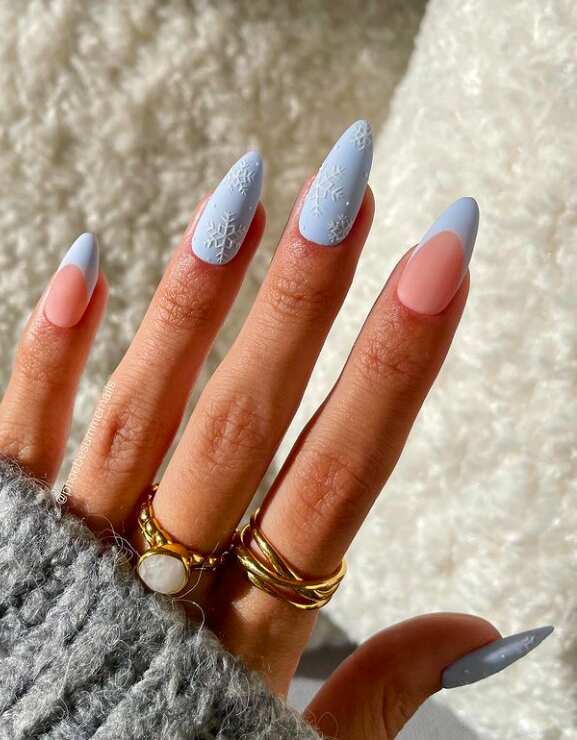 Matte Light Blue Embossed Snowflakes — Simple Winter Nails