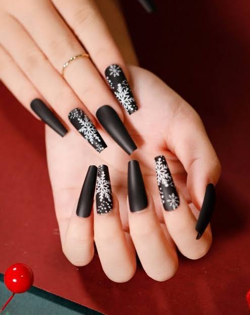 Matte Black with Crisp White Snowflake Art — Winter Black Nails