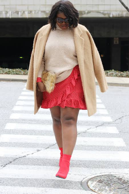 Red Polka Dot Mini Dress with Beige Coat and Red Boots Red Polka Dot Mini Dress with Beige Coat and Red Boots β Winter Date Night Outfits