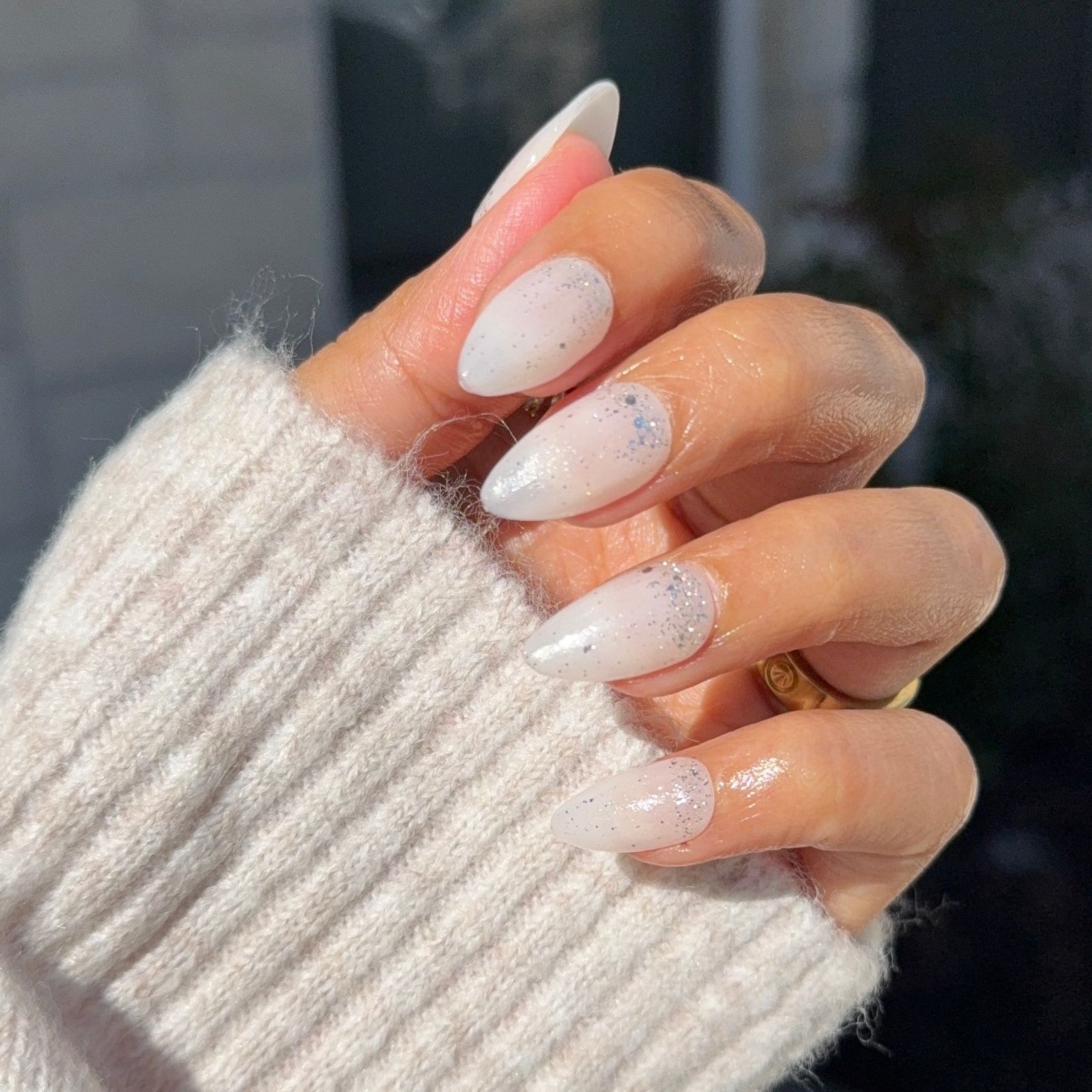 Long Almond Milky Off-White with Subtle Sparkle Long Almond Milky Off-White with Subtle Sparkle β Sparkly Winter Nails