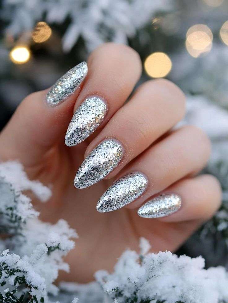 Medium Almond Uniform Silver Glitter Medium Almond Uniform Silver Glitter β Sparkly New Years Nails 2027