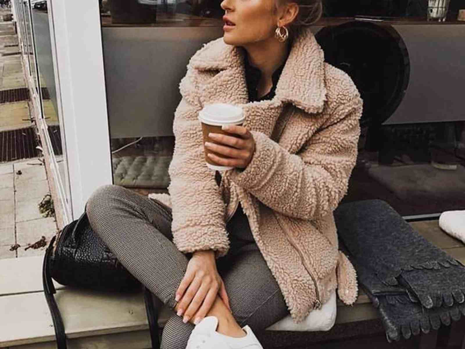 Beige Teddy Coat with Textured Grey Pants — Cold Weather Outfits