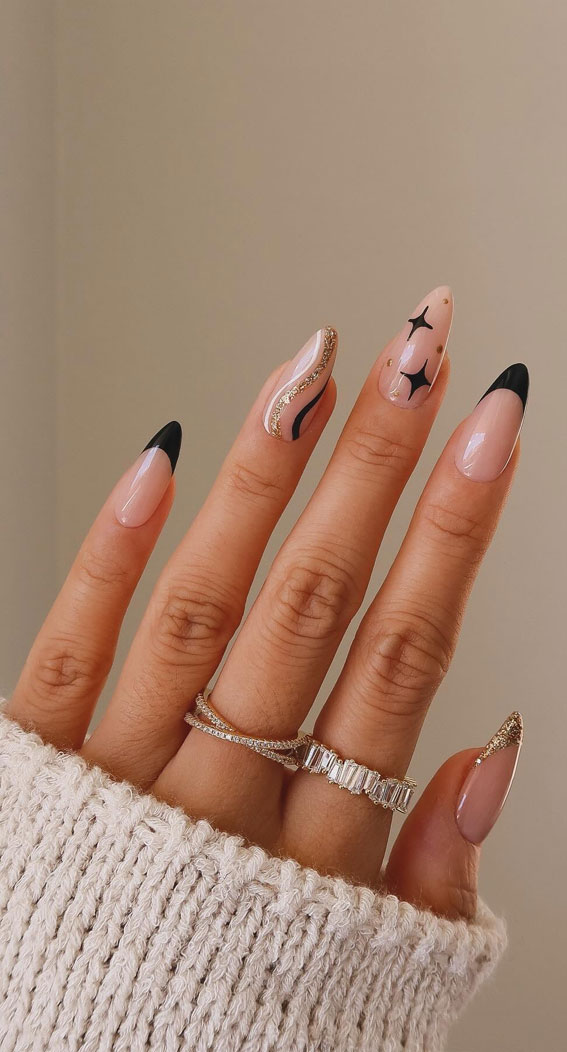 Sheer Nude French with Gold Glitter Waves — Minimalist New Years Nails 2027