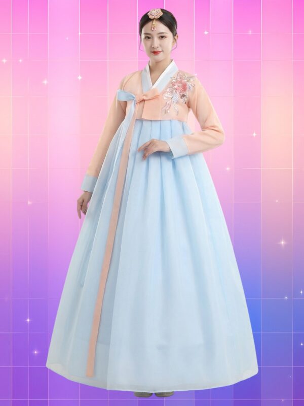 Vibrant Tradition: Peach and Light Blue Hanbok Vibrant Tradition: Peach and Light Blue Hanbok β Korean Winter Outfits