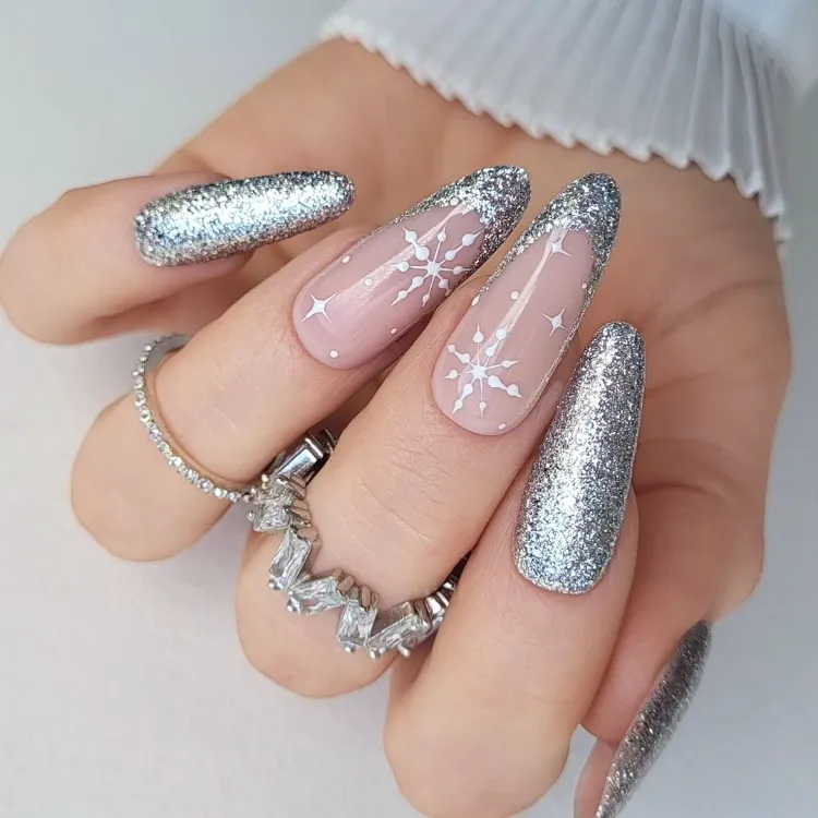 Long Stiletto Nude Silver Glitter Snowflakes Long Stiletto Nude Silver Glitter Snowflakes β New Years Nails 2027