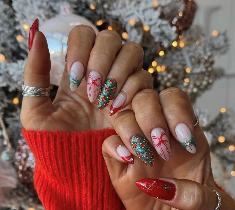 Medium Almond Glitter Christmas Trees & Bows — Christmas Nail Designs 2026