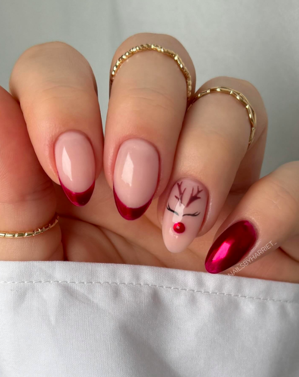 Sheer Nude Metallic Red Reindeer Sheer Nude Metallic Red Reindeer β Cute Christmas Nails 2026