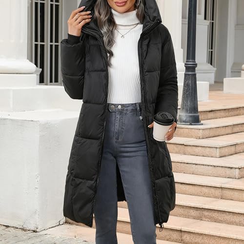 Black Long Puffer Coat with Quilted Texture — Winter Coats for Women