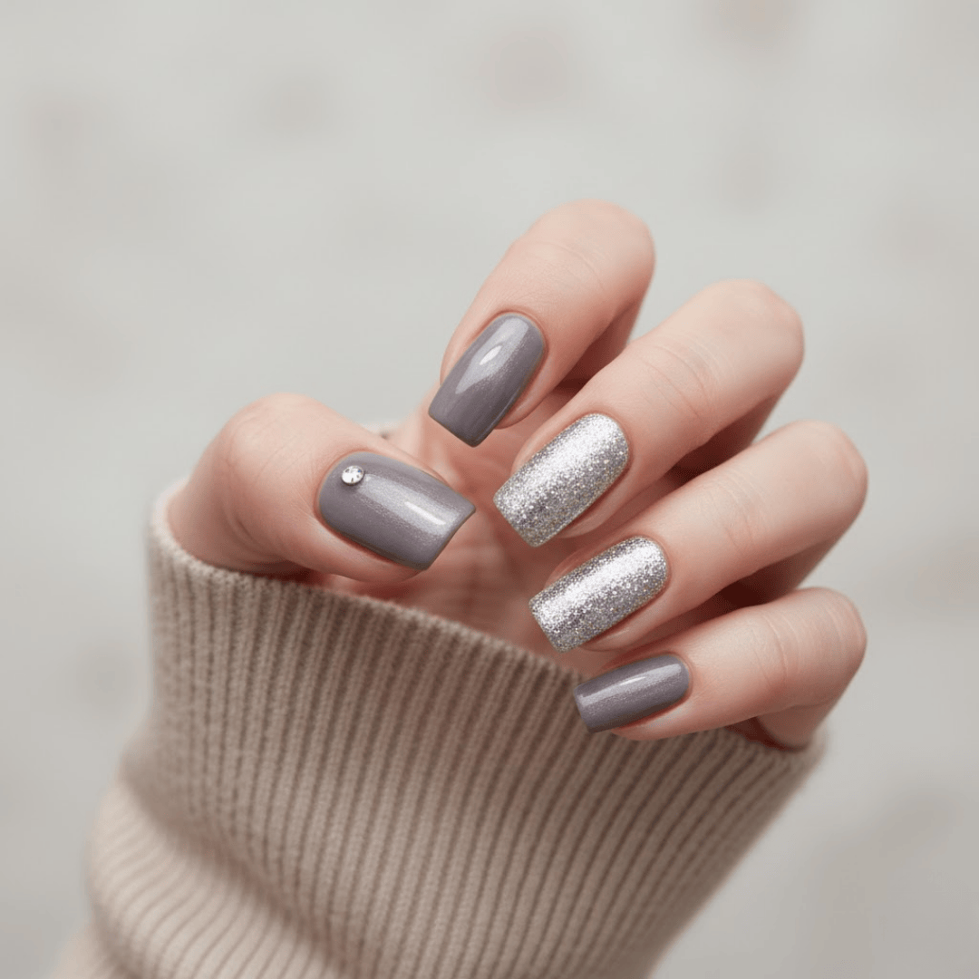Muted Grey with Silver Glitter Accent — Winter Glitter Nails