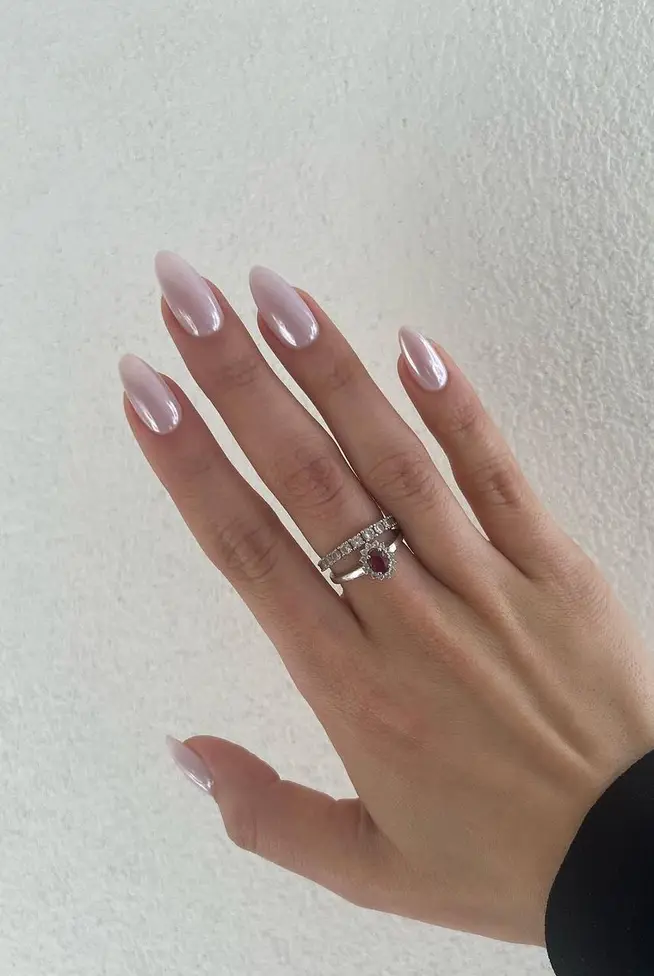 Pale Pink Pearlescent Medium Almond Nails Pale Pink Pearlescent Medium Almond Nails β Winter Work Nails