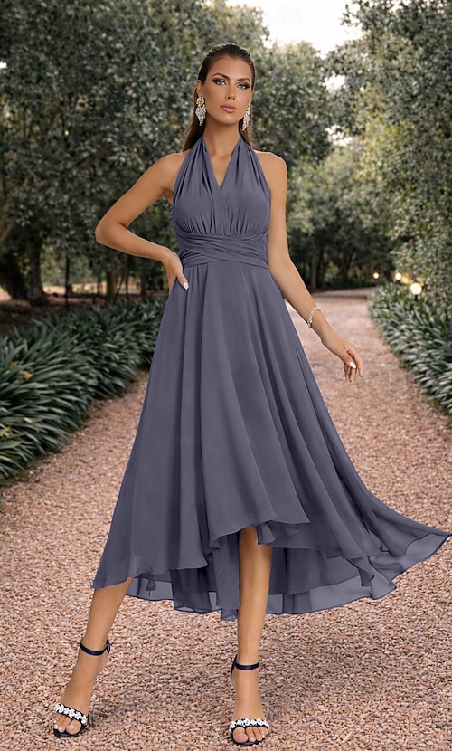 Grey Chiffon Halter Neck Dress with High-Low Hem — Winter Wedding Guest Outfits