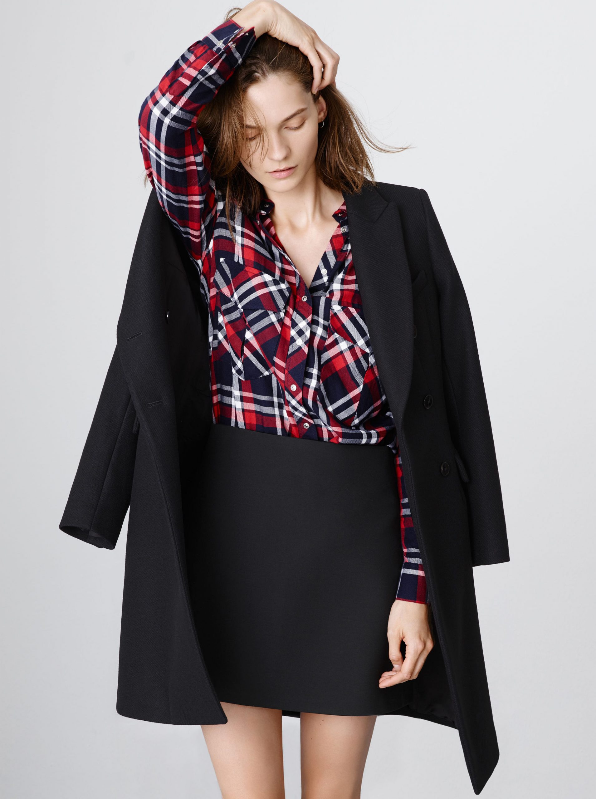 Draped Coat Over Plaid Shirt and Mini Skirt for Playful Winter Style — Winter Outfits for Moms
