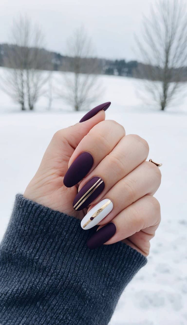 Matte Burgundy with Gold Stripes Coffin Nails Matte Burgundy with Gold Stripes Coffin Nails β Burgundy Nails