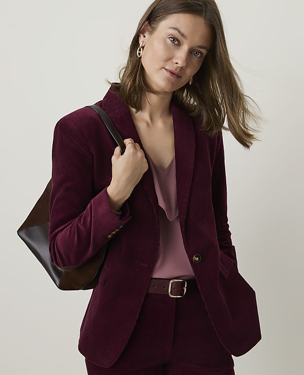 Burgundy Corduroy Blazer with Silk Camisole and Wide-Leg Trousers Burgundy Corduroy Blazer with Silk Camisole and Wide-Leg Trousers β Winter Outfits for Petite Women