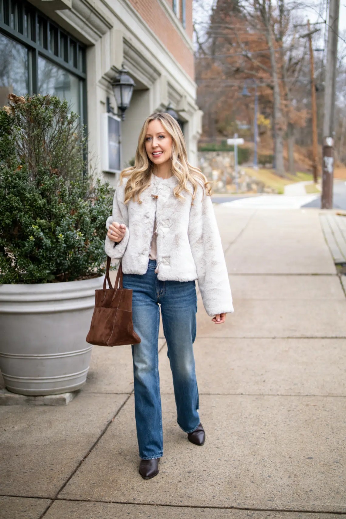 Glamorous Winter: Faux Fur Jacket with Wide Leg Jeans — Winter Outfits with Wide Leg Jeans