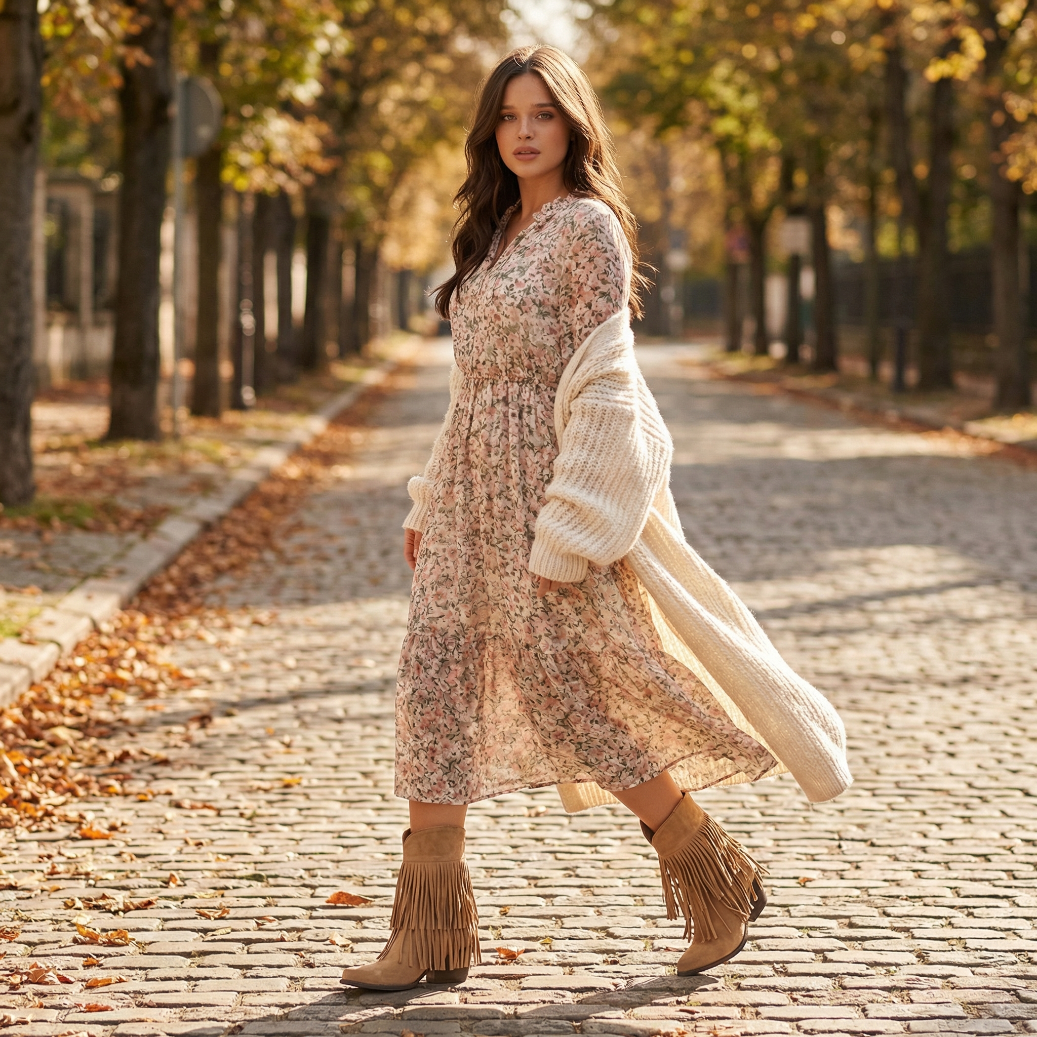 Autumn Vibes: Floral Dress, Knit Cardigan, and Fringe Ankle Boots Autumn Vibes: Floral Dress, Knit Cardigan, and Fringe Ankle Boots β Ankle Boots Outfits