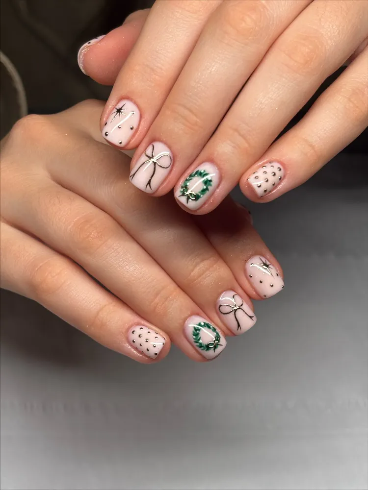 Pale Pink Short Square Wreath Nails Pale Pink Short Square Wreath Nails β Subtle Christmas Nails 2026